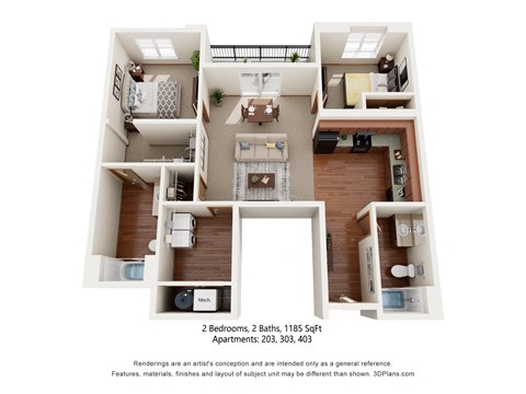 2-bedroom, 2 bathroom apartment with balcony.